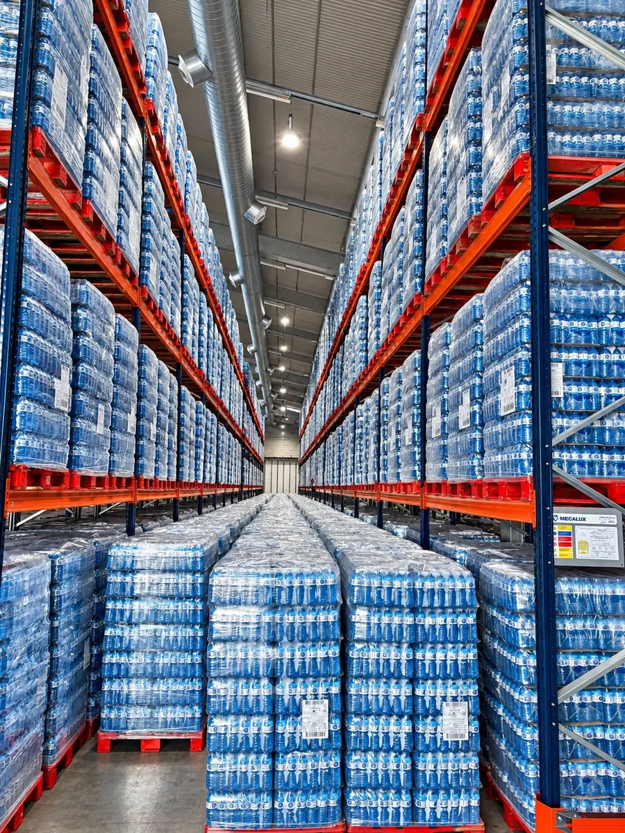 Palets d’aigua embotellada emmagatzemats en prestatgeries