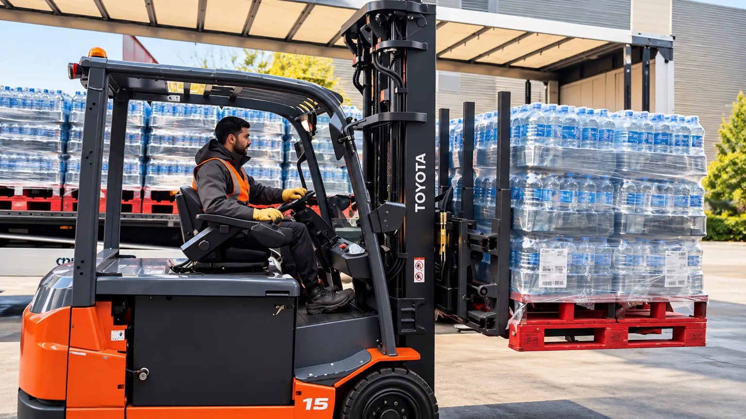 Chariot élévateur déplaçant une palette d’eau en bouteille à côté d’un camion