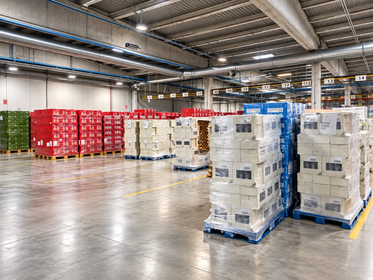 Palettes de marchandises organisées dans une zone de préparation et d’expédition