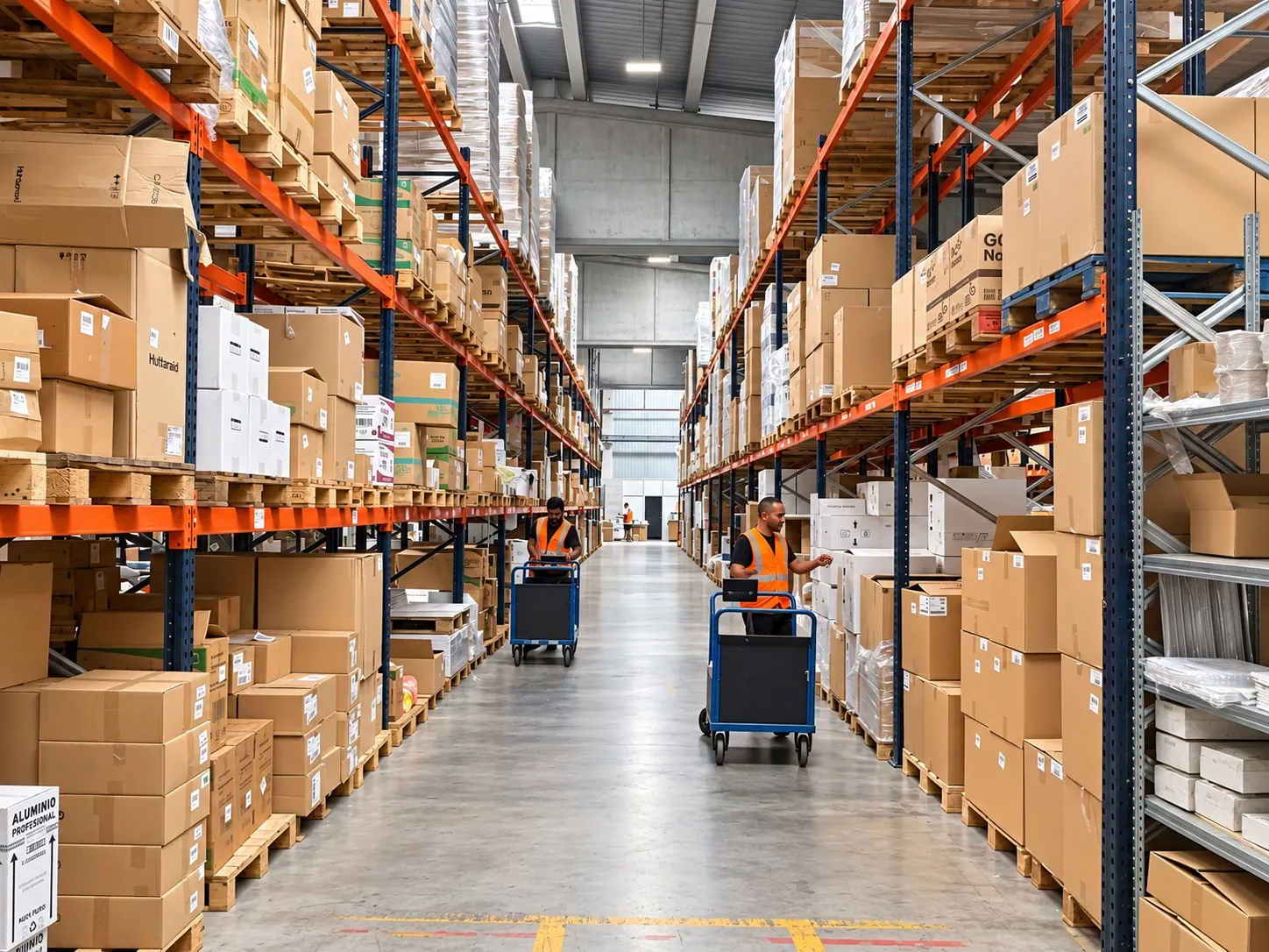 Préparation de commandes avec des chariots entre des rayonnages de cartons